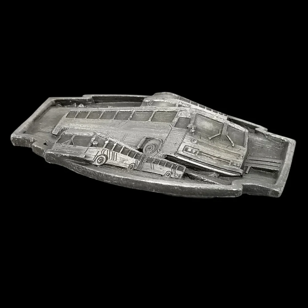 Vintage Buses Move The World Belt‎ Buckle USA Made Pewter Novelty Transportation